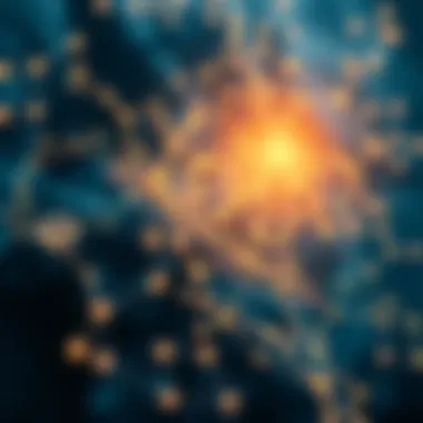 The Intersection of Mythril and Blockchain: Bridging Worlds An abstract visualization of blockchain networks intertwined with mythril's essence