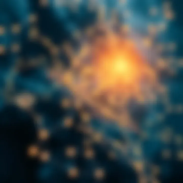 The Intersection of Mythril and Blockchain: Bridging Worlds An abstract visualization of blockchain networks intertwined with mythril's essence