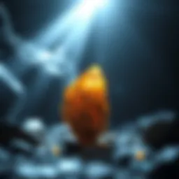 An artistic representation of mythril ore shining under a mystical light